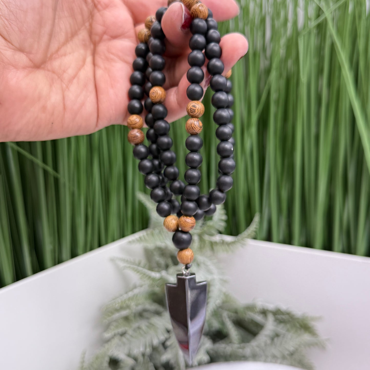 Black Obsidian Wood Necklace Hematite Spear Wearable Trinity Grounding Crystals