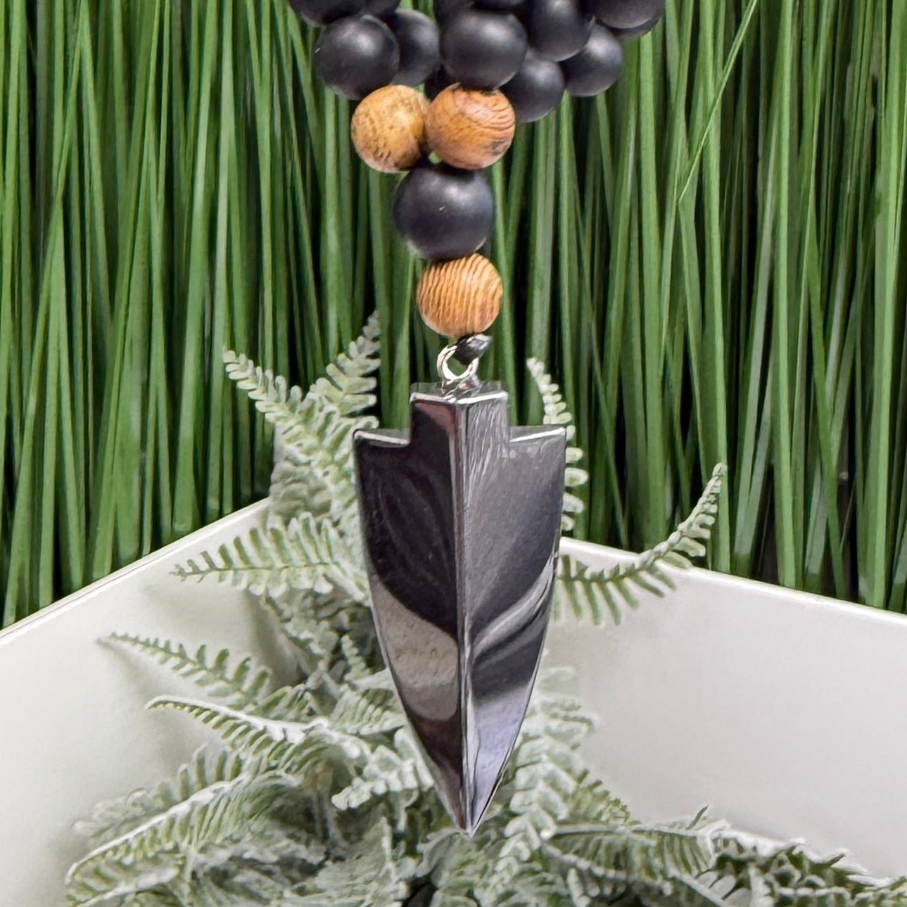 Black Obsidian Wood Necklace Hematite Spear Wearable Trinity Grounding Crystals