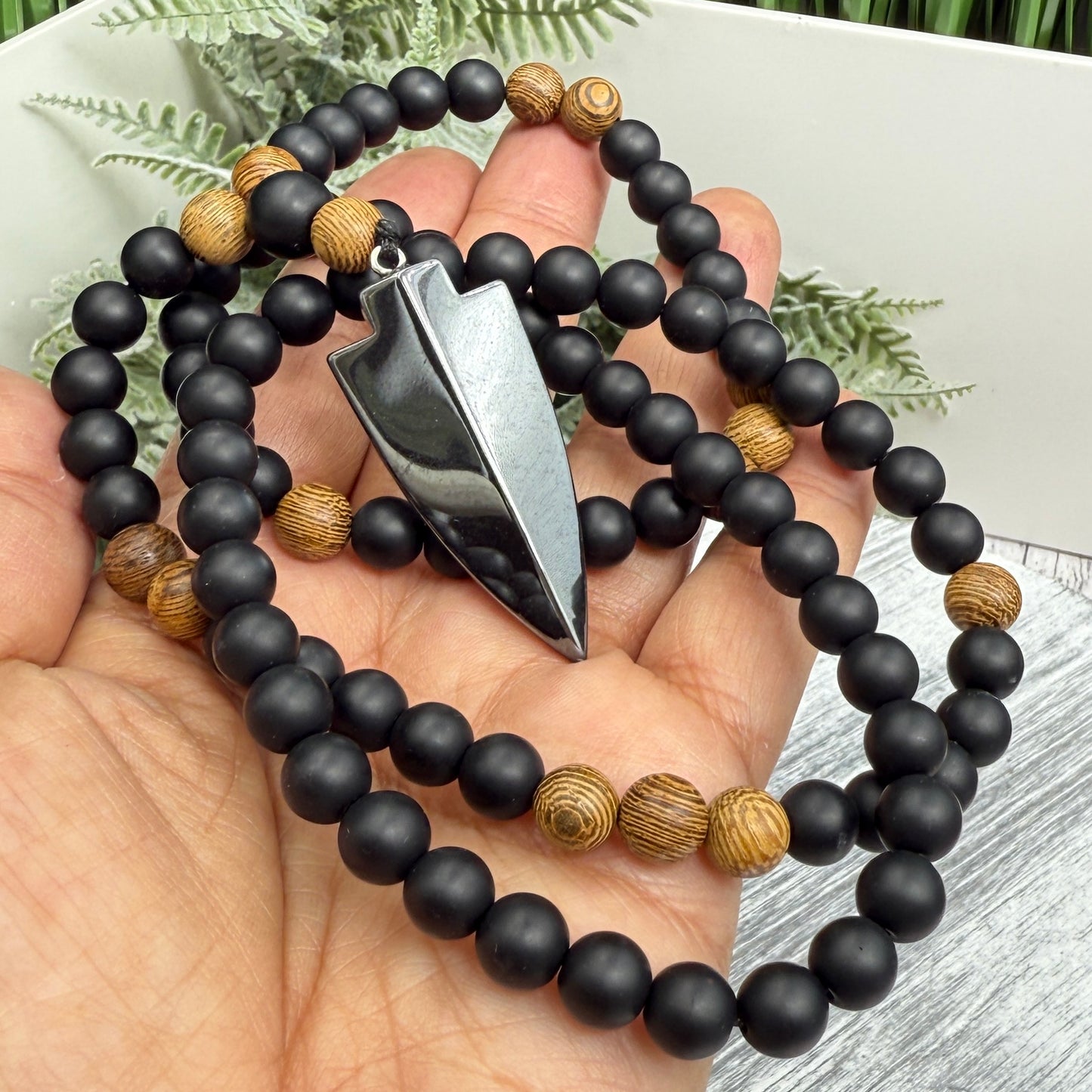 Black Obsidian Wood Necklace Hematite Spear Wearable Trinity Grounding Crystals