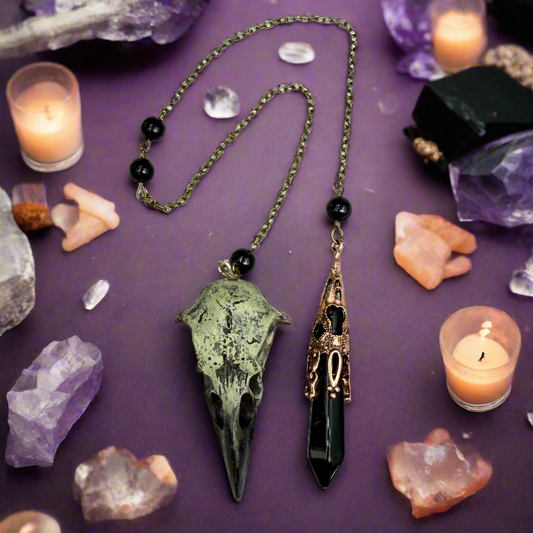 Black Obsidian Pendulum with Raven Skull Figurine Divination Tool