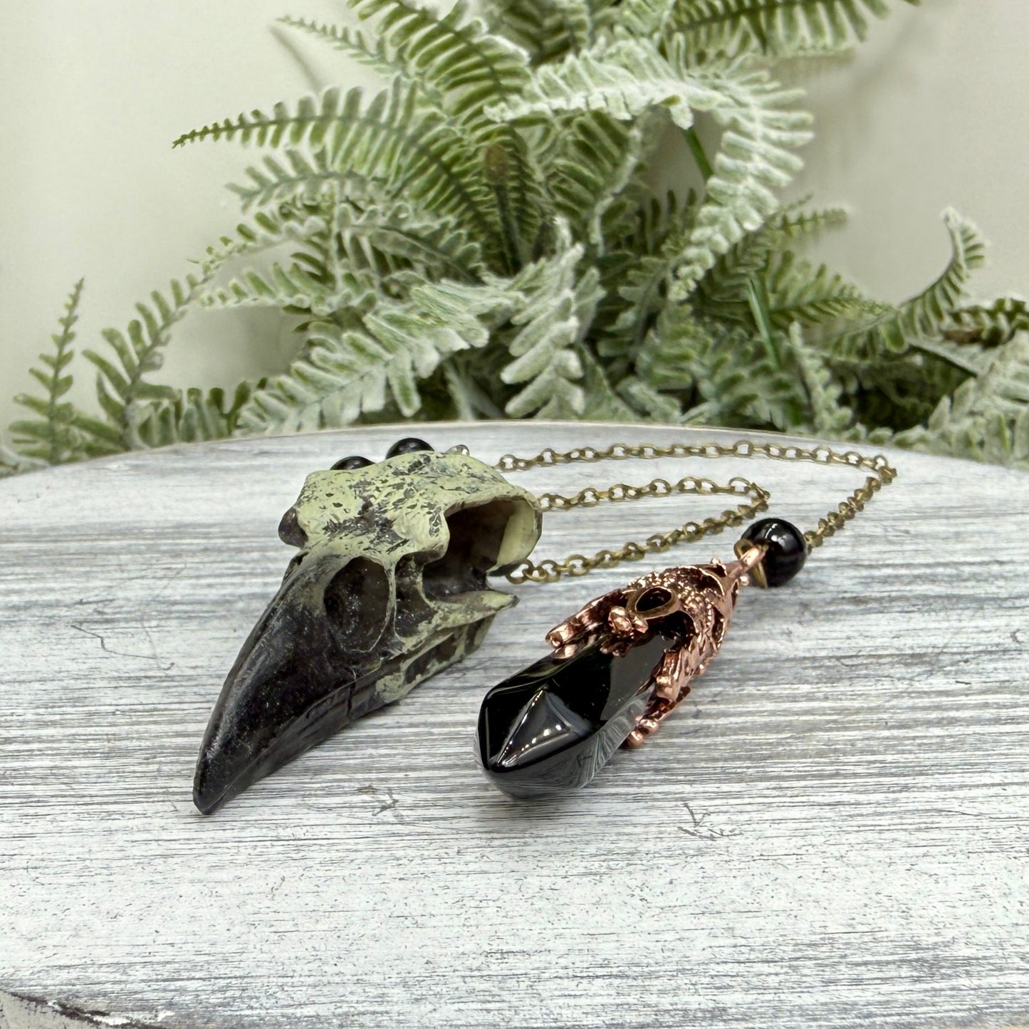 Black Obsidian Pendulum with Raven Skull Figurine Divination Tool