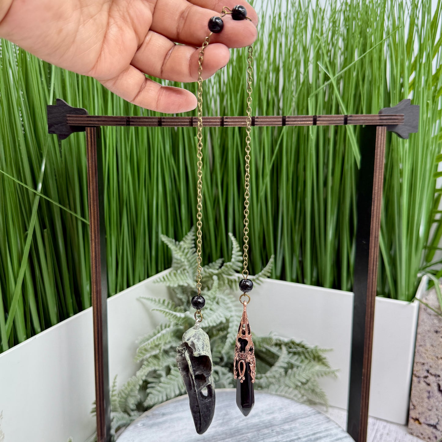 Black Obsidian Pendulum with Raven Skull Figurine Divination Tool