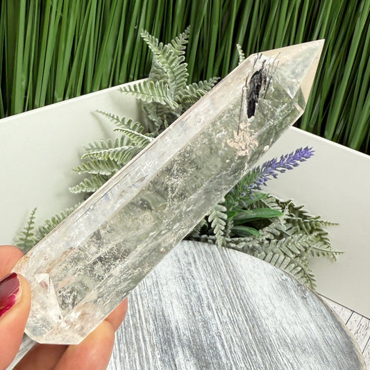 Black Tourmaline in Clear Quartz Top Quality Tower Crystal Generator 156g 120mm
