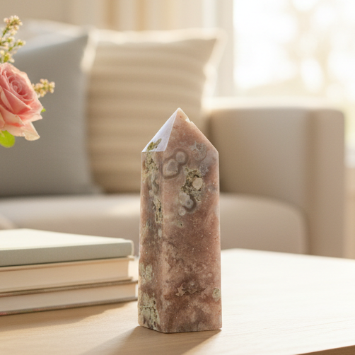 Pink Amethyst Green Flower Agate Tower Healing Crystal Generator 116g 85mm
