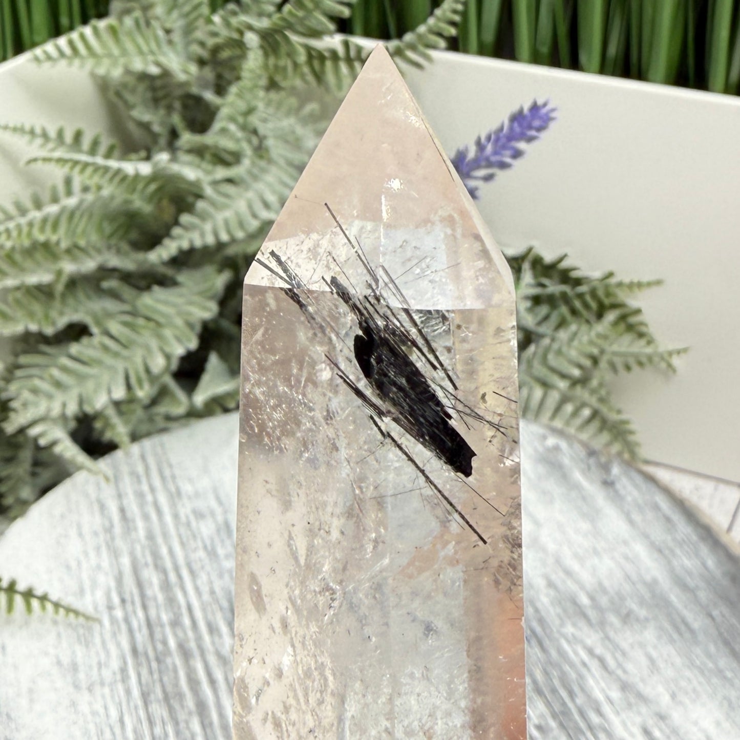 Black Tourmaline in Clear Quartz Top Quality Tower Crystal Generator 156g 120mm