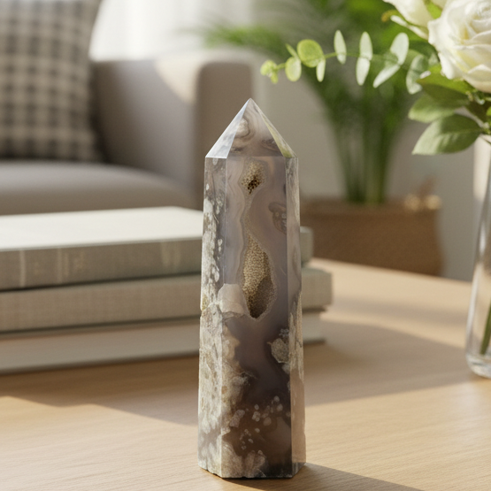 Black Flower Agate Tower Healing Crystal Generator 122g 96mm