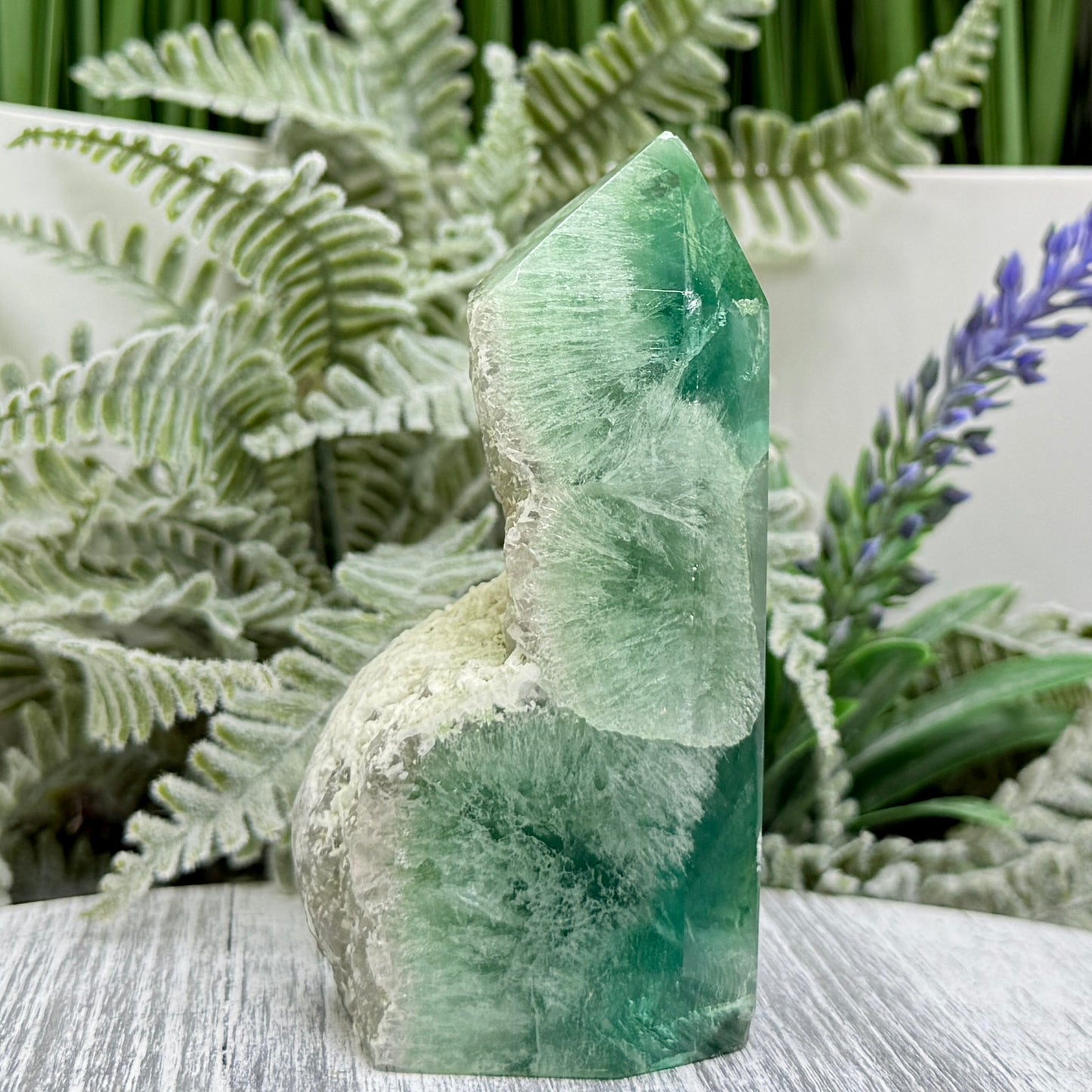 Green Fluorite with Quartz Tower Natural Crystal Generator 202g 88mm