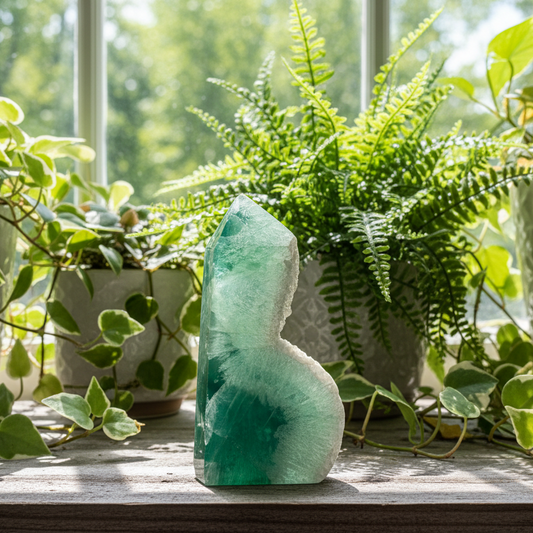 Green Fluorite with Quartz Tower Natural Crystal Generator 202g 88mm