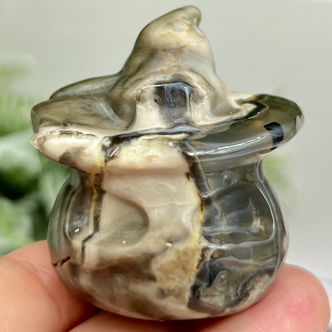 Volcanic Agate Halloween Pumpkin with Witches Hat UV Reactive Crystal 72g