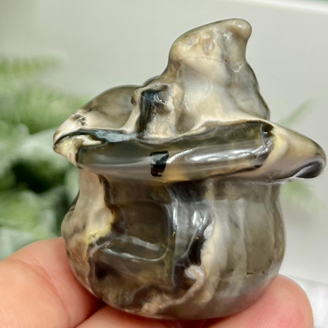 Volcanic Agate Halloween Pumpkin with Witches Hat UV Reactive Crystal 72g