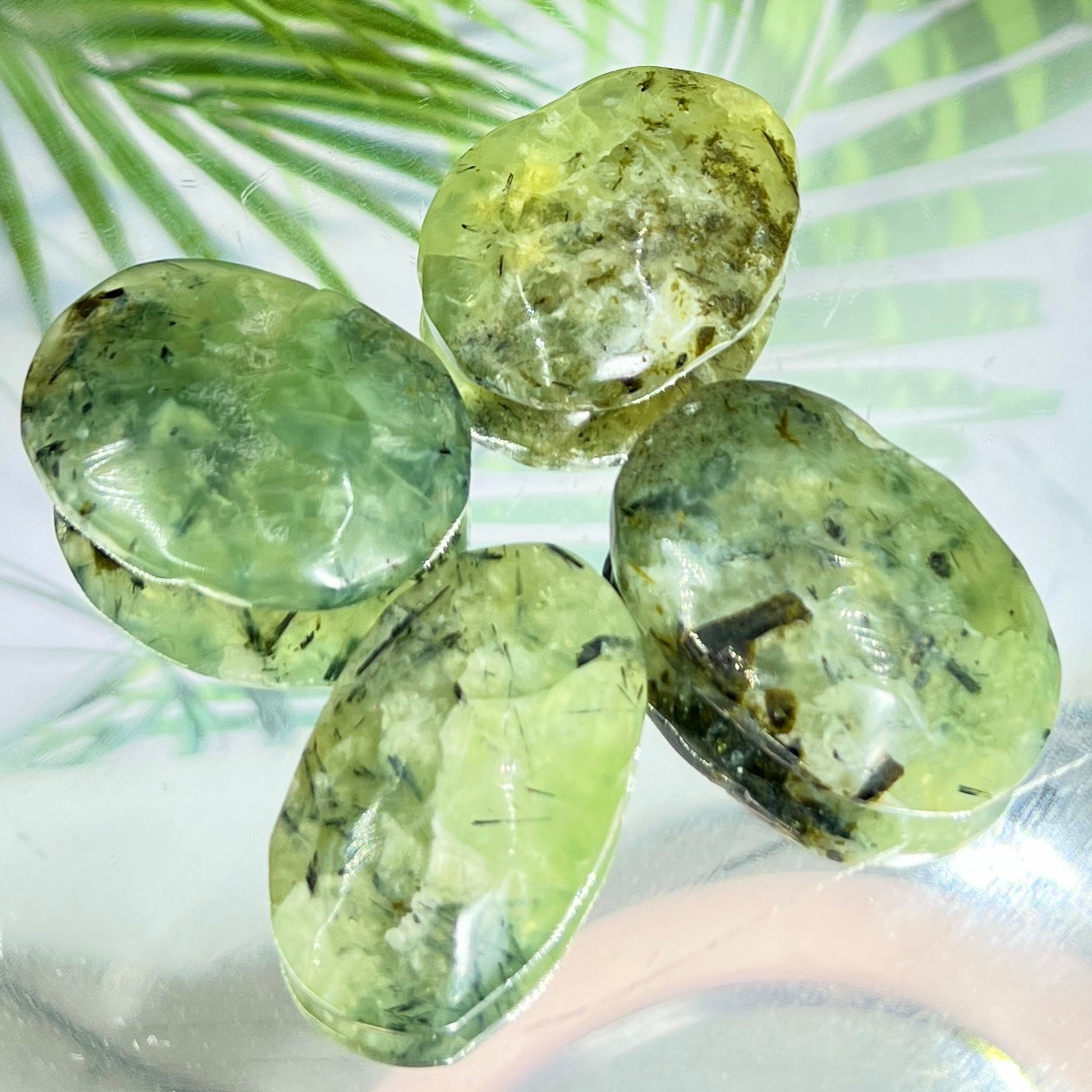Prehnite with Epidote Palm Stones Worry Crystals YOU CHOOSE