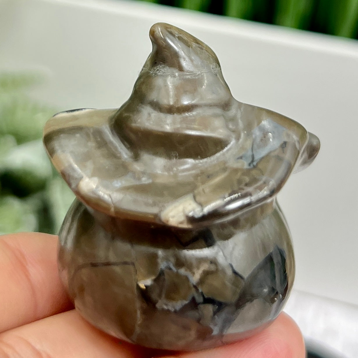 Volcanic Agate Halloween Pumpkin with Witches Hat UV Reactive Crystal 72g