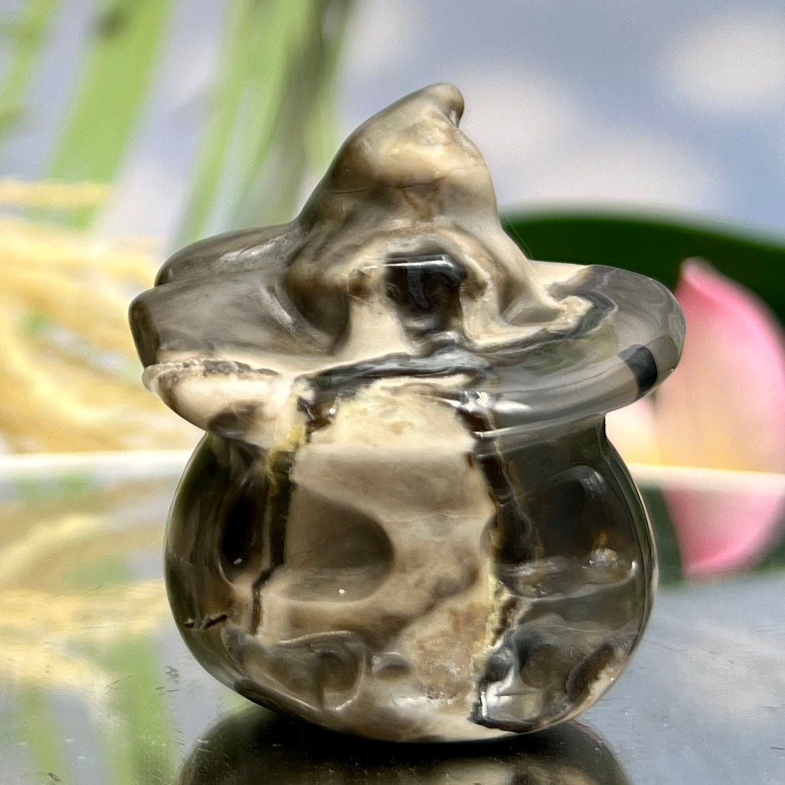 Volcanic Agate Halloween Pumpkin with Witches Hat UV Reactive Crystal 72g