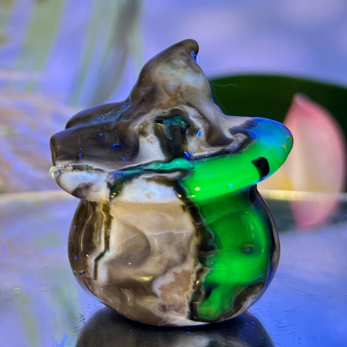 Volcanic Agate Halloween Pumpkin with Witches Hat UV Reactive Crystal 72g