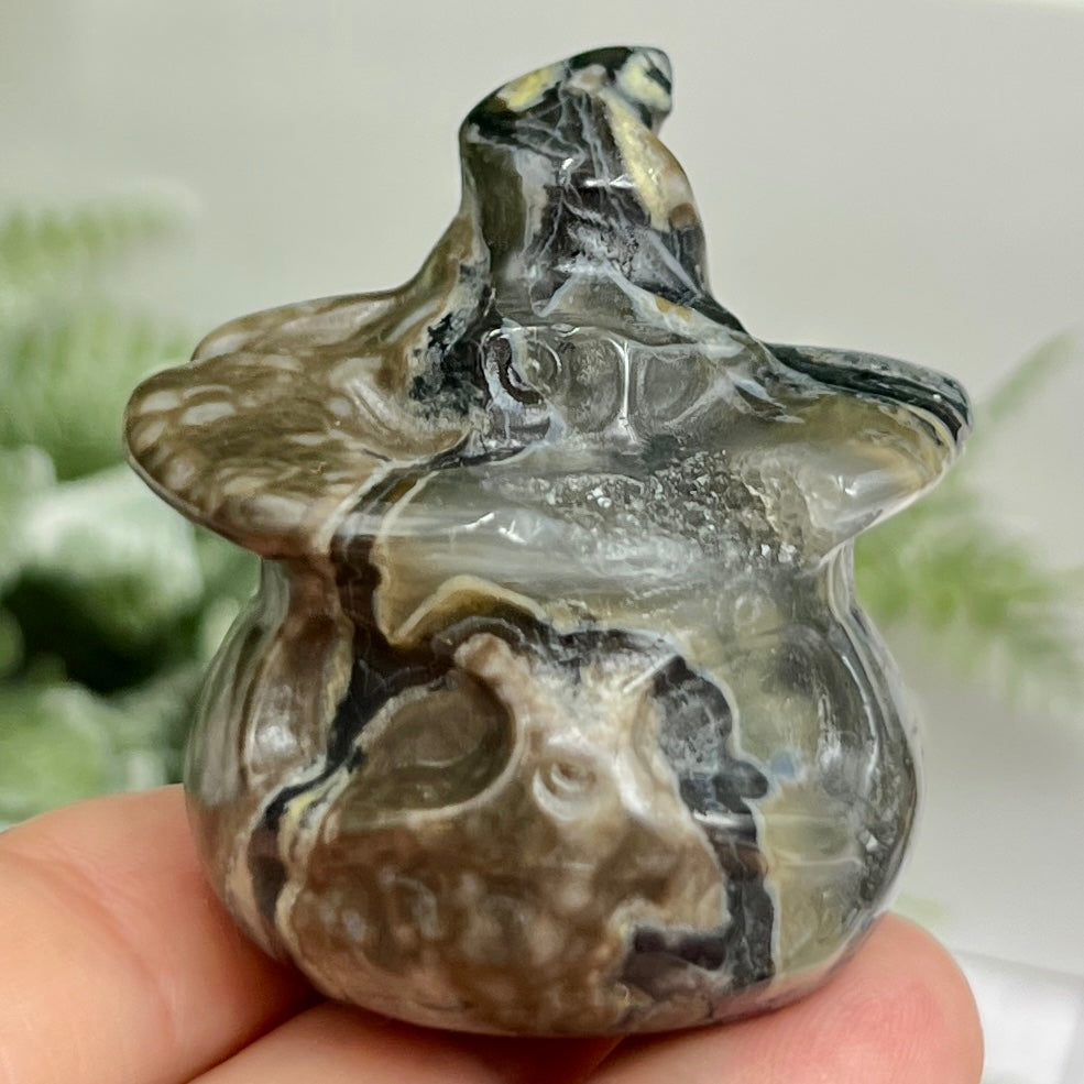 Volcanic Agate Halloween Pumpkin with Witches Hat UV Reactive Crystal 70g