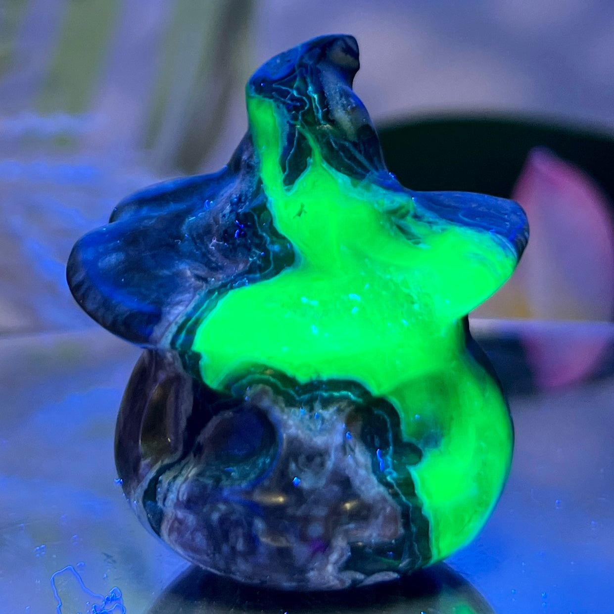Volcanic Agate Halloween Pumpkin with Witches Hat UV Reactive Crystal 70g