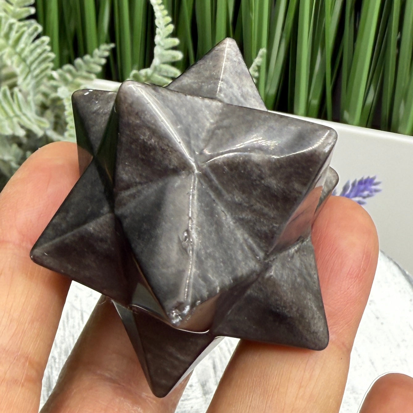 Silver Black Obsidian Merkabah Crystal Carving 81g