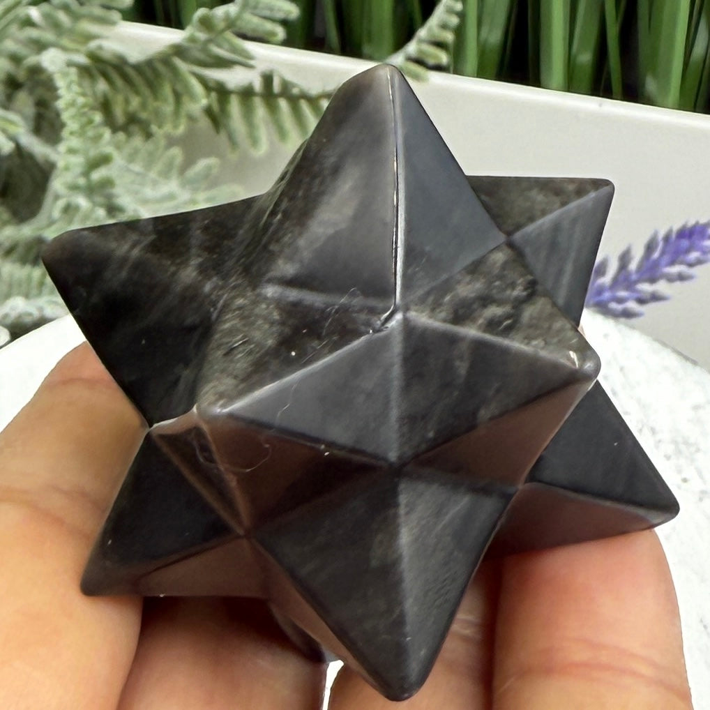 Silver Black Obsidian Merkabah Crystal Carving 81g