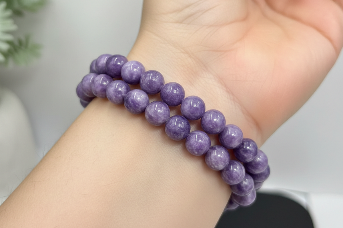 Lepidolite Purple Mica Crystals Bracelets Wearable Gemstones Elastic 7-8mm Beads 16cm