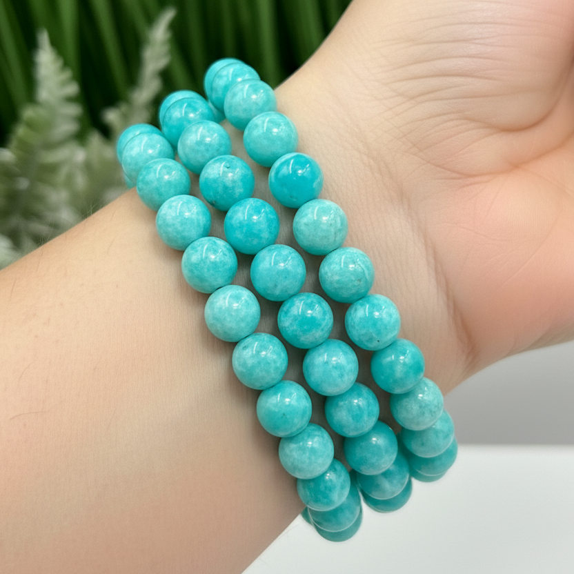 Blue Amazonite Crystals Bracelets Wearable Gemstones Elastic 9-10mm Beads 16cm