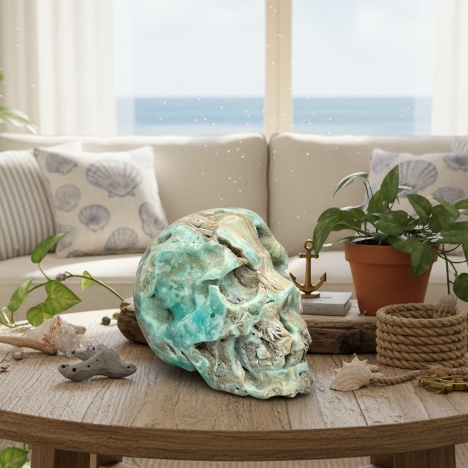 Blue Aragonite Skull Crystal Skull Carving 1086g