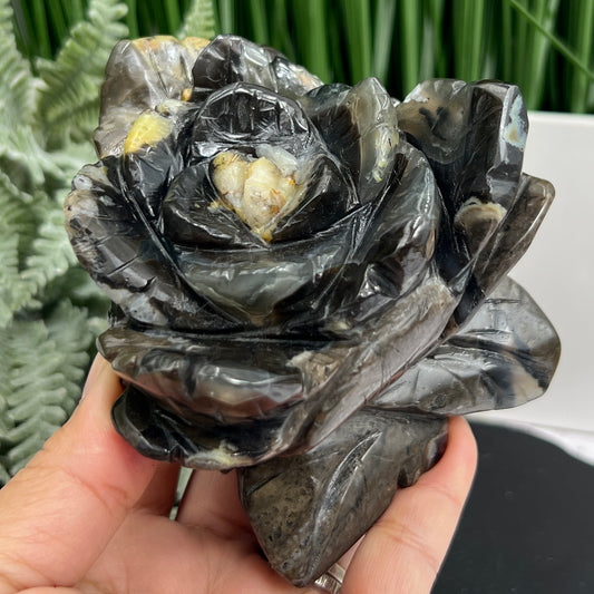 Volcanic Agate Flower UV Reactive Crystal Carving 606g