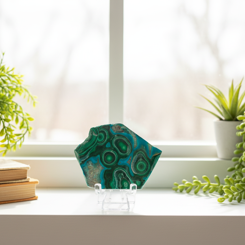 Chrysocolla Malachite Shattuckite Slice Chunk with Stand Crystal Specimen Peru 96g