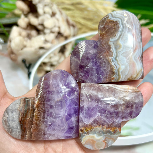 Amethyst with Mexican Lace Agate Hearts Crystal Carving YOU CHOOSE