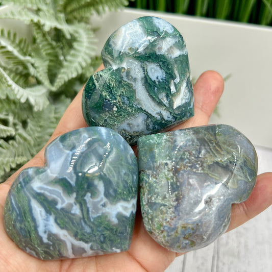 Moss Agate Hearts Crystal Carvings YOU CHOOSE