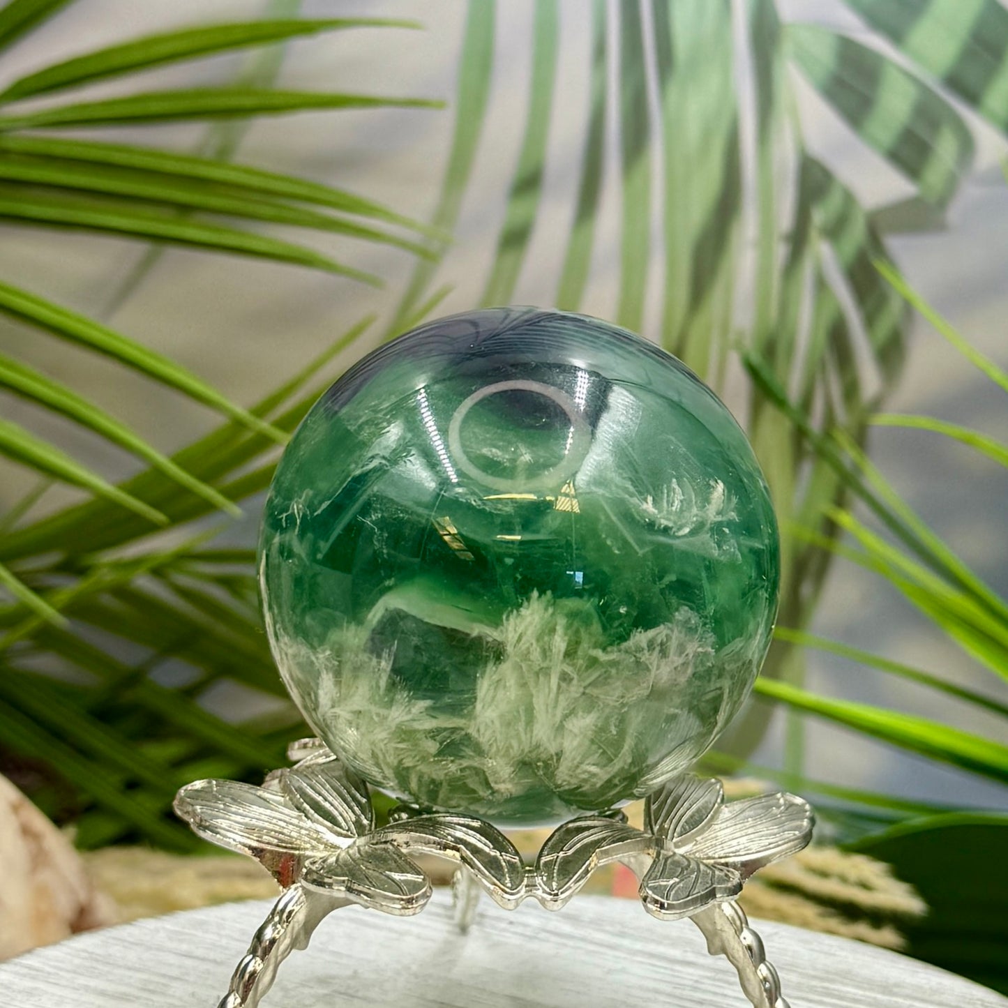 Snowflake Feather Fluorite Sphere Healing Crystal Ball 393g 62mm