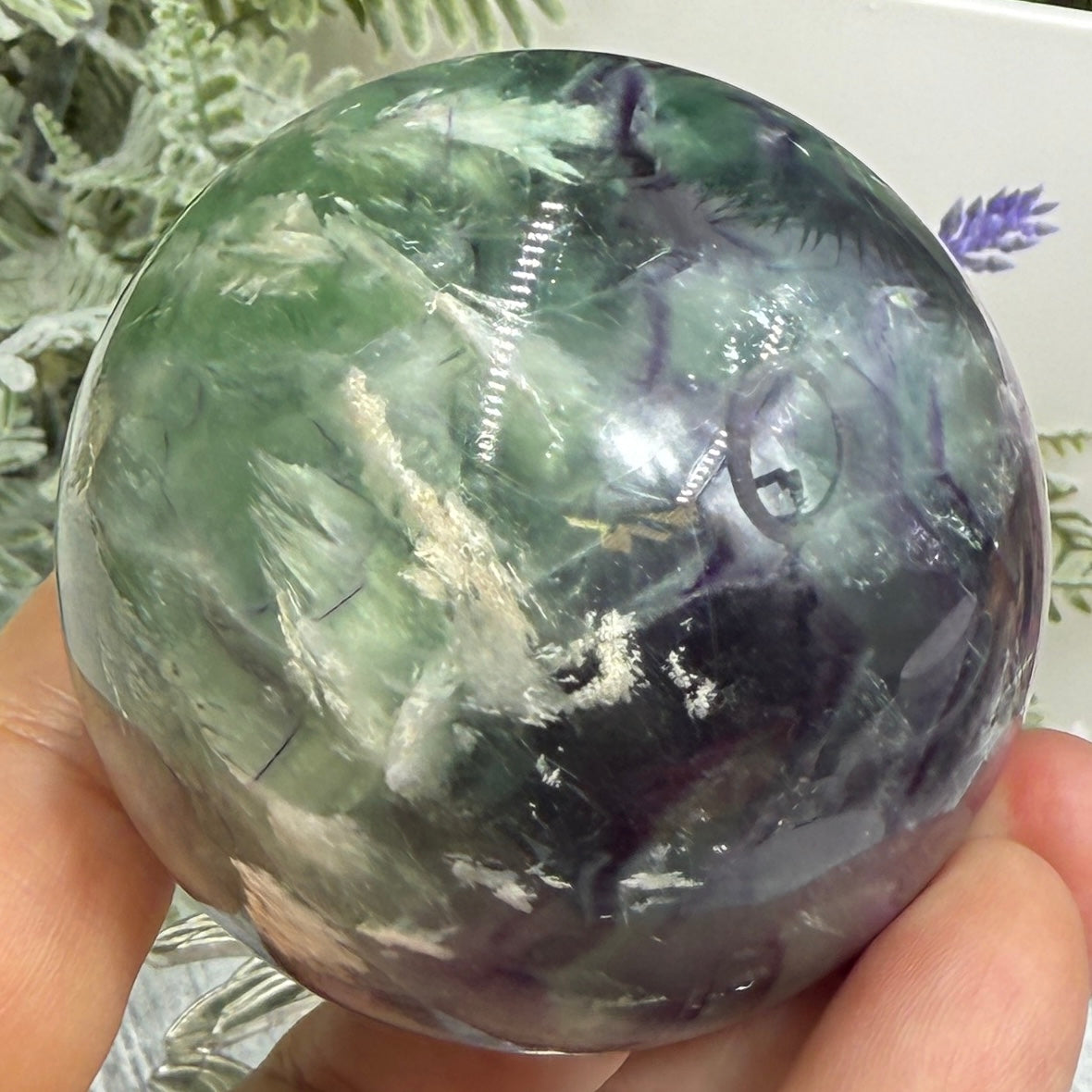 Snowflake Feather Fluorite Sphere Healing Crystal Ball 366g 60mm