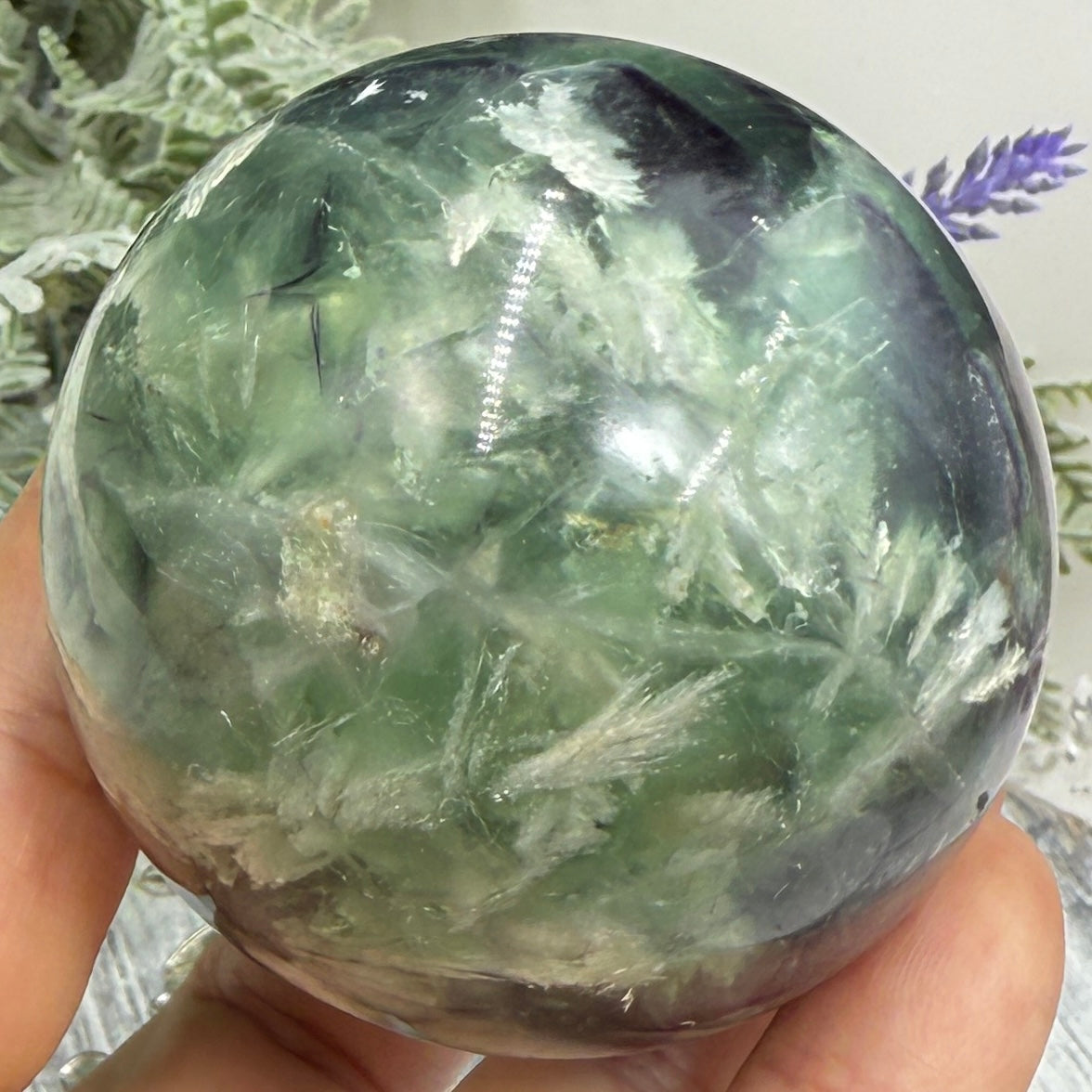 Snowflake Feather Fluorite Sphere Healing Crystal Ball 366g 60mm