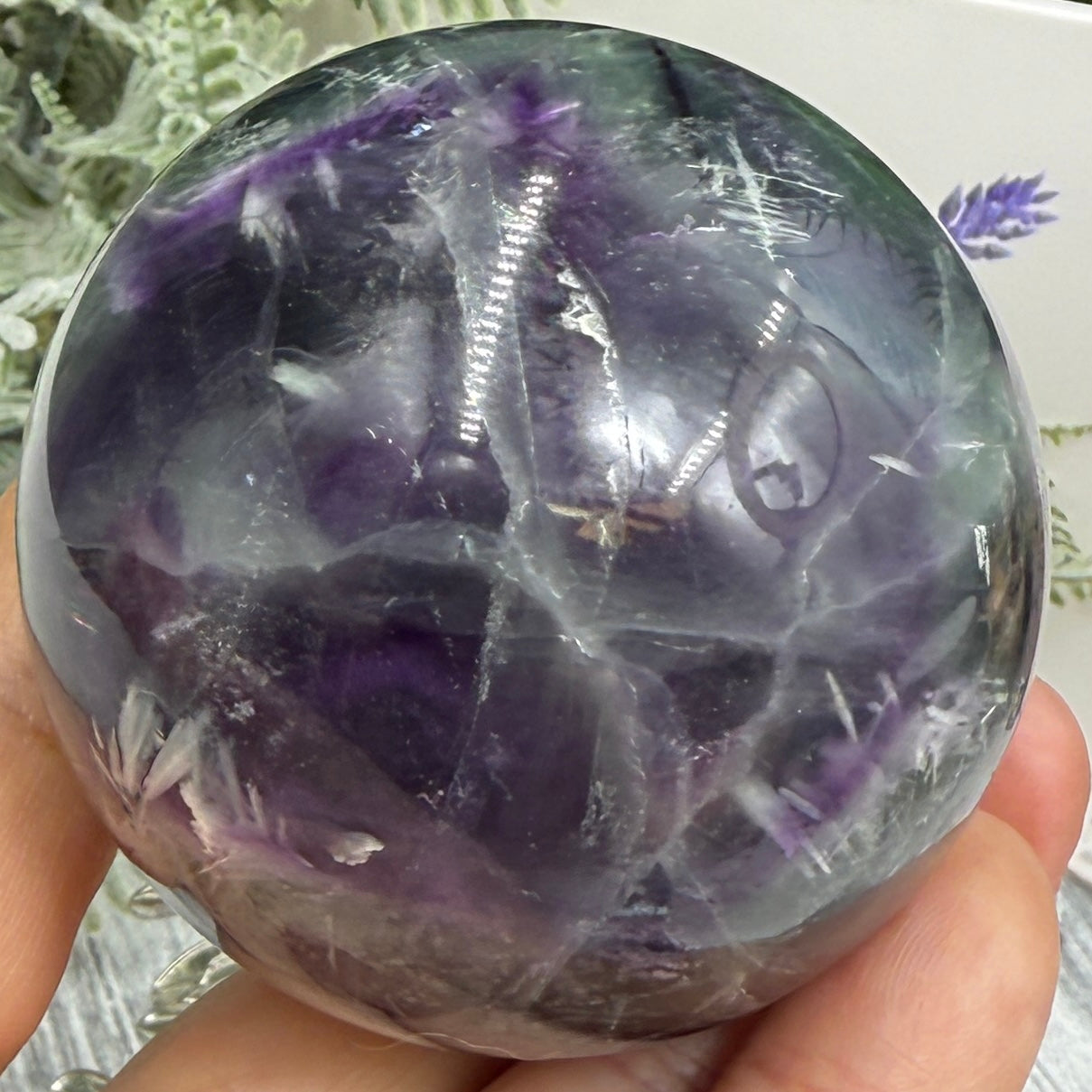 Snowflake Feather Fluorite Sphere Healing Crystal Ball 366g 60mm