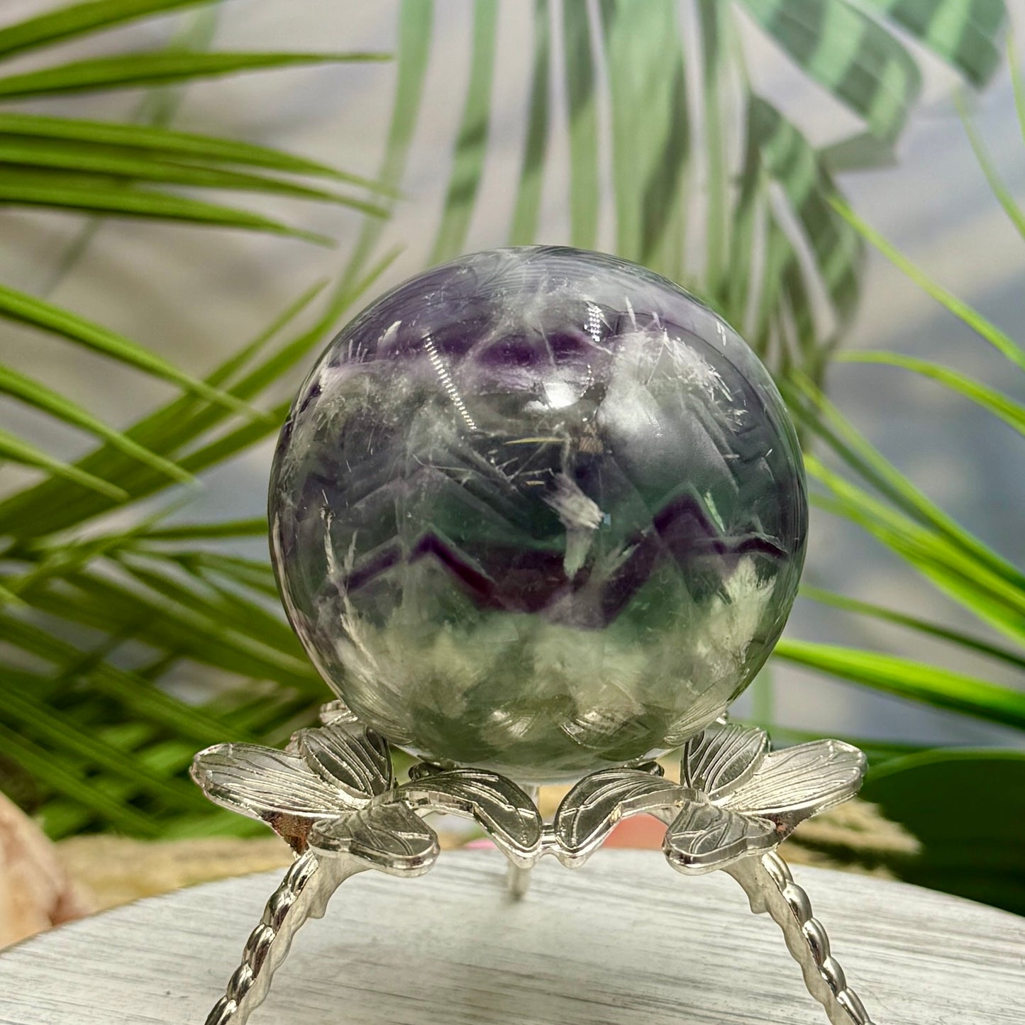 Snowflake Feather Fluorite Sphere Healing Crystal Ball 366g 60mm