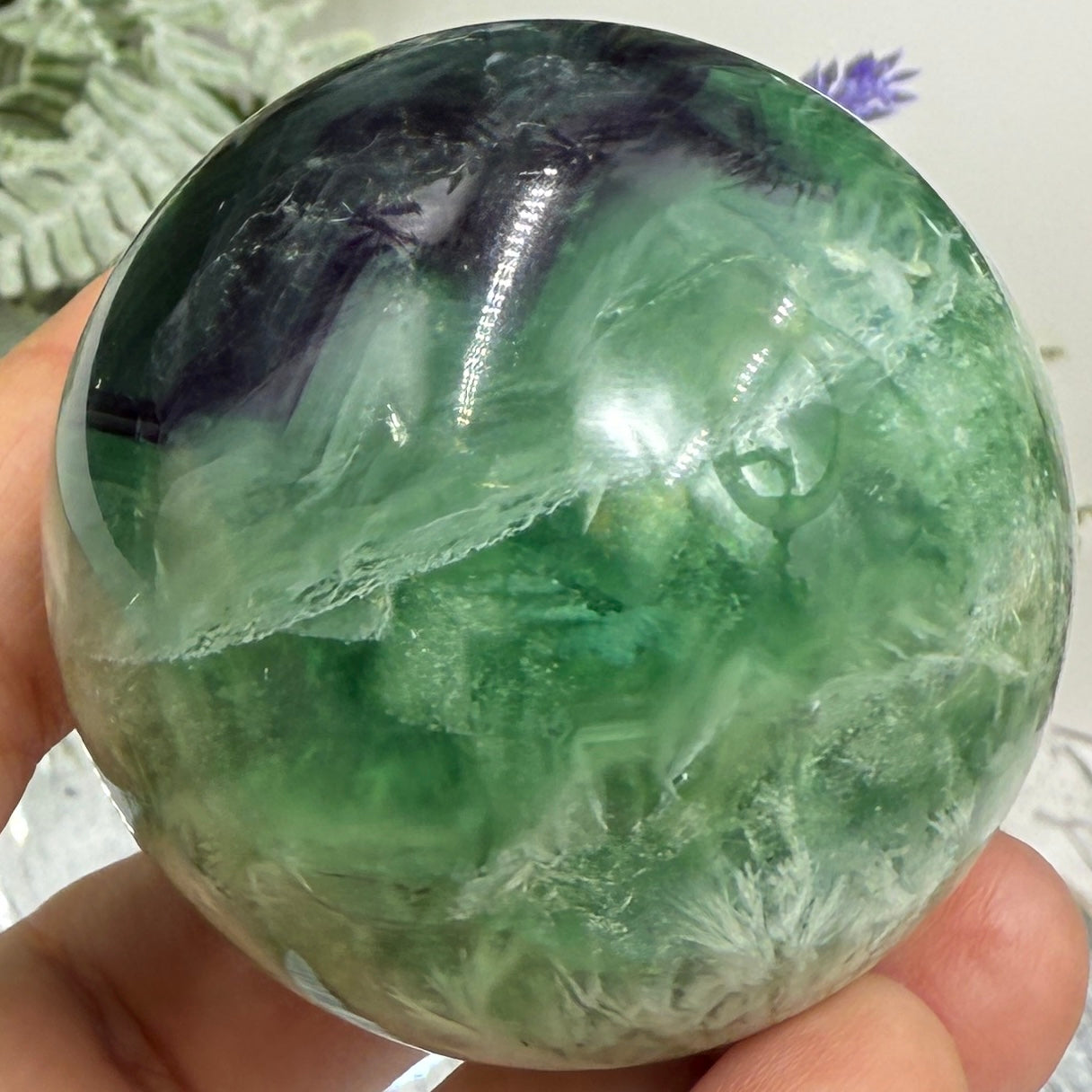 Snowflake Feather Fluorite Sphere Healing Crystal Ball 209g 50mm