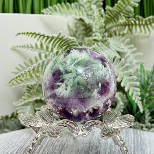 Snowflake Feather Fluorite Sphere Healing Crystal Ball 191g 49mm