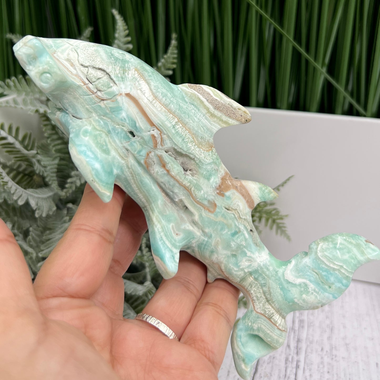 Blue Aragonite Hammerhead Shark Sea Ocean Creature Crystal Carving 456g