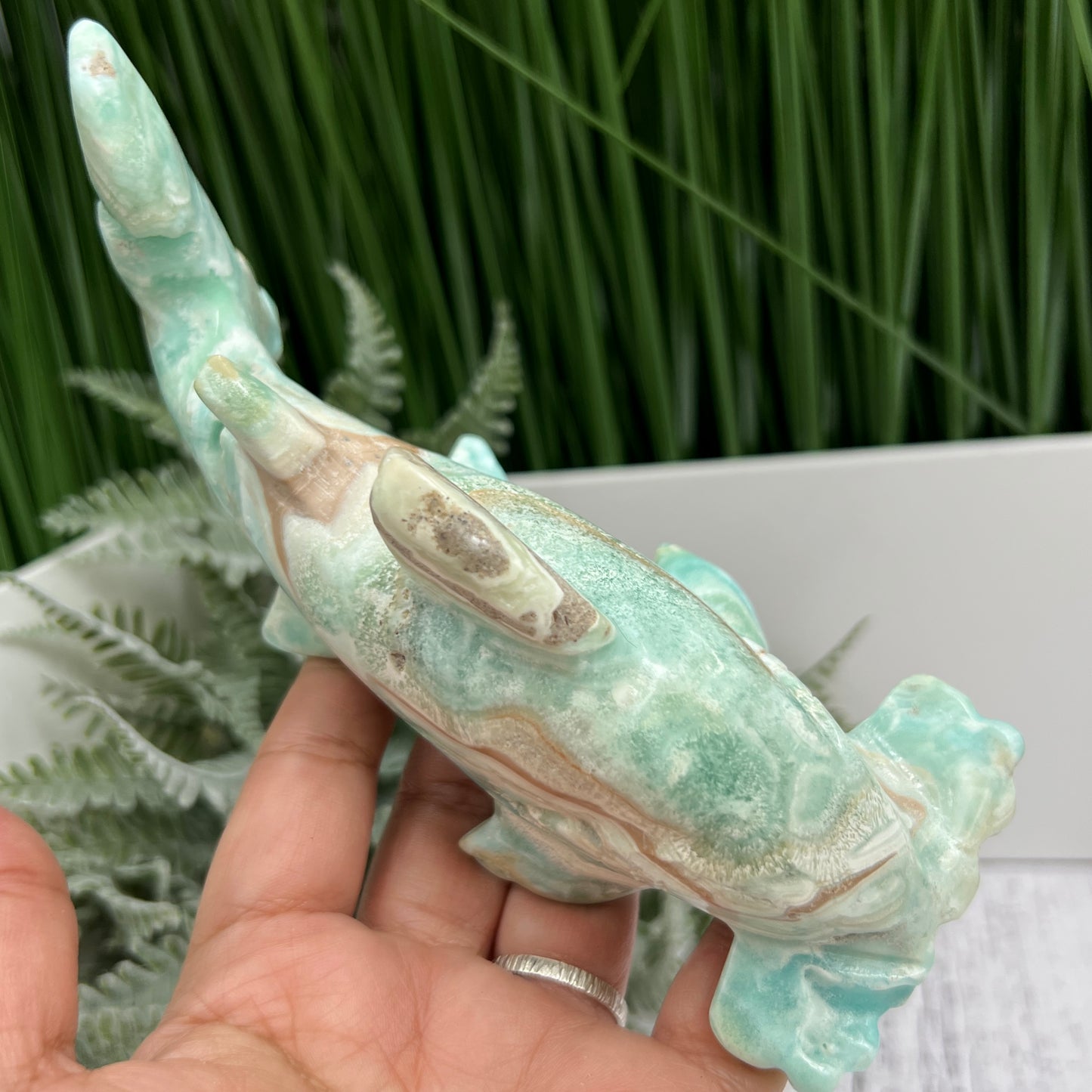 Blue Aragonite Hammerhead Shark Sea Ocean Creature Crystal Carving 456g
