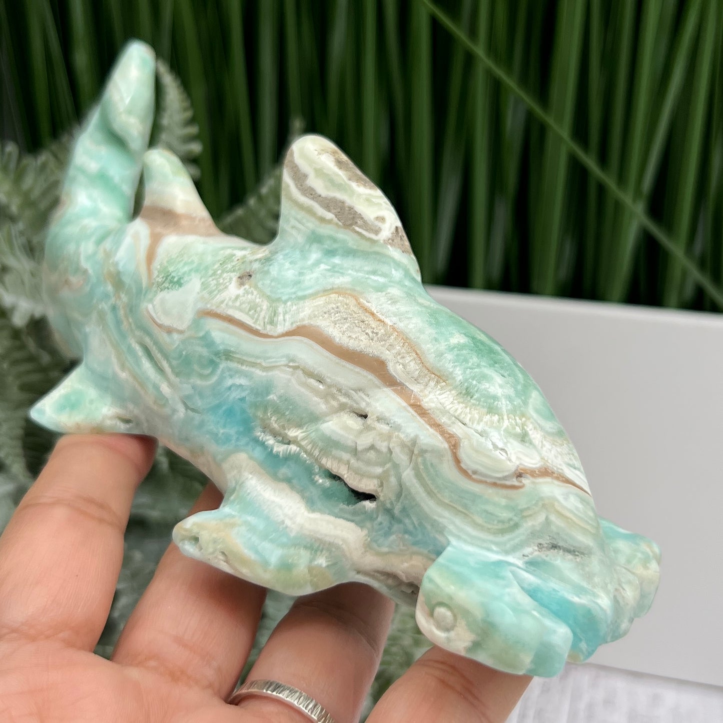 Blue Aragonite Hammerhead Shark Sea Ocean Creature Crystal Carving 456g