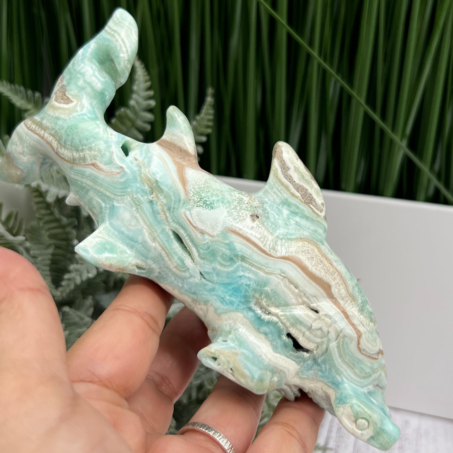 Blue Aragonite Hammerhead Shark Sea Ocean Creature Crystal Carving 456g