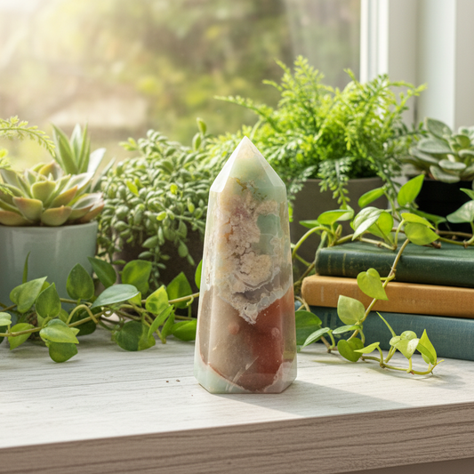 Green Flower Agate Sakura Red Chalcedony Tower Crystal Generator 149g