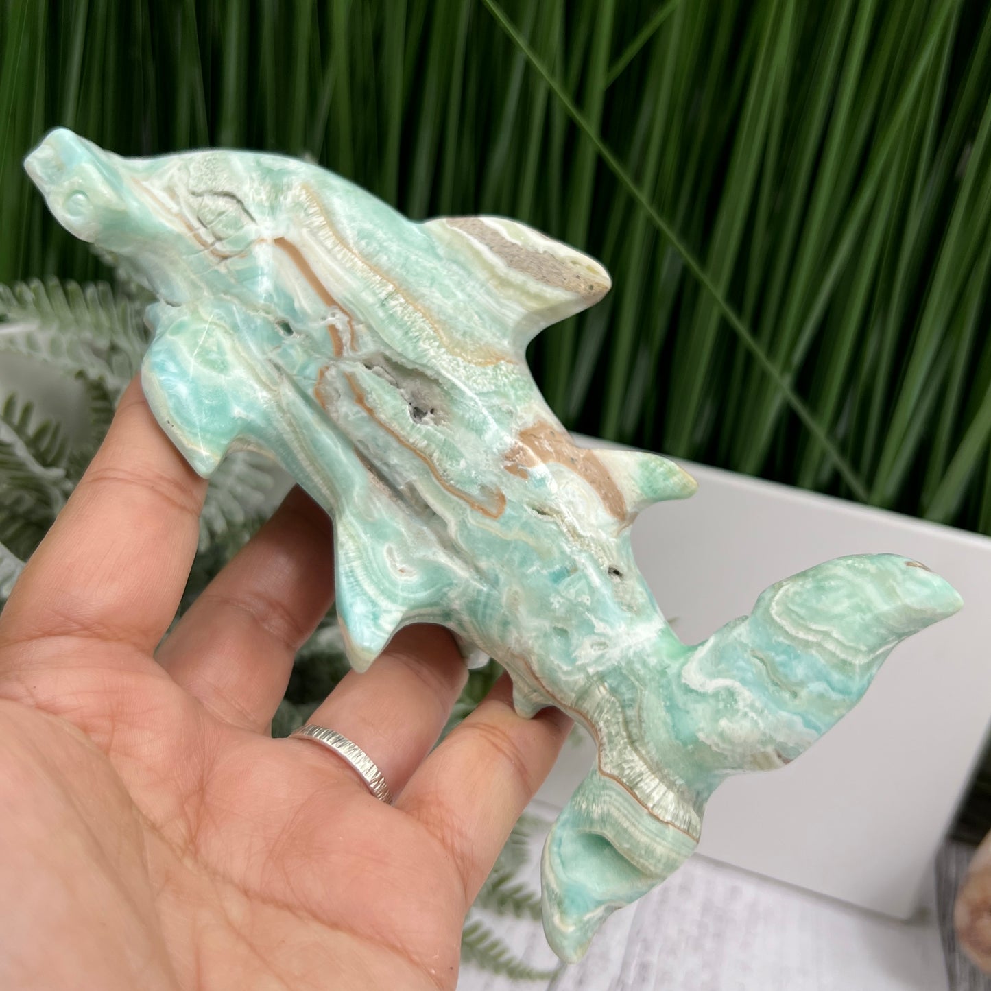 Blue Aragonite Hammerhead Shark Sea Ocean Creature Crystal Carving 456g