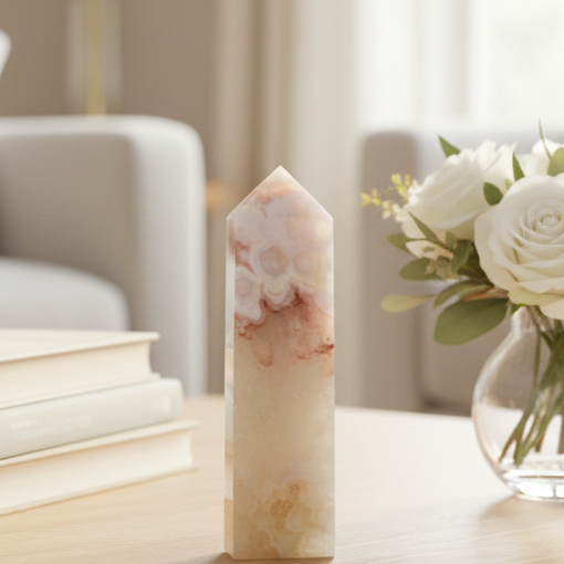 Pink Amethyst Flower Agate Quartz Tower Healing Crystal Generator 258g 129mm