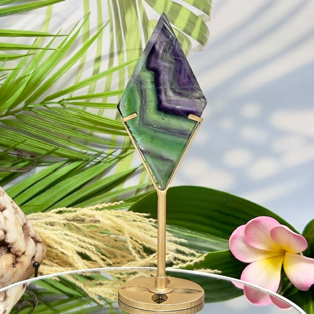 Rainbow Fluorite Diamond Rhombus on Stand Healing Crystal Home Decoration