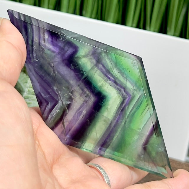 Rainbow Fluorite Diamond Rhombus on Stand Healing Crystal Home Decoration