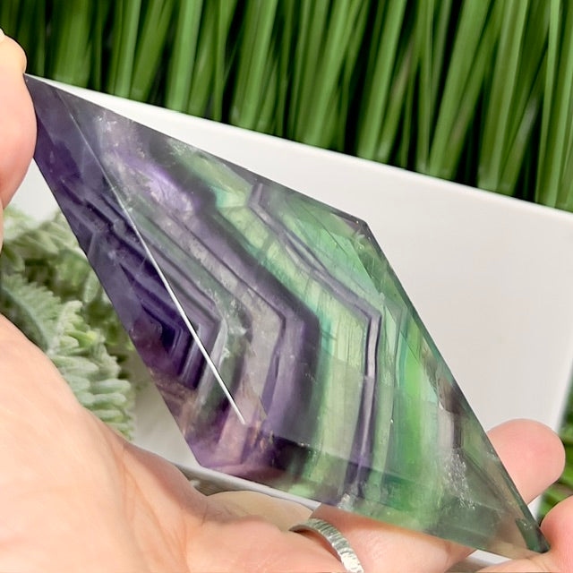 Rainbow Fluorite Diamond Rhombus on Stand Healing Crystal Home Decoration