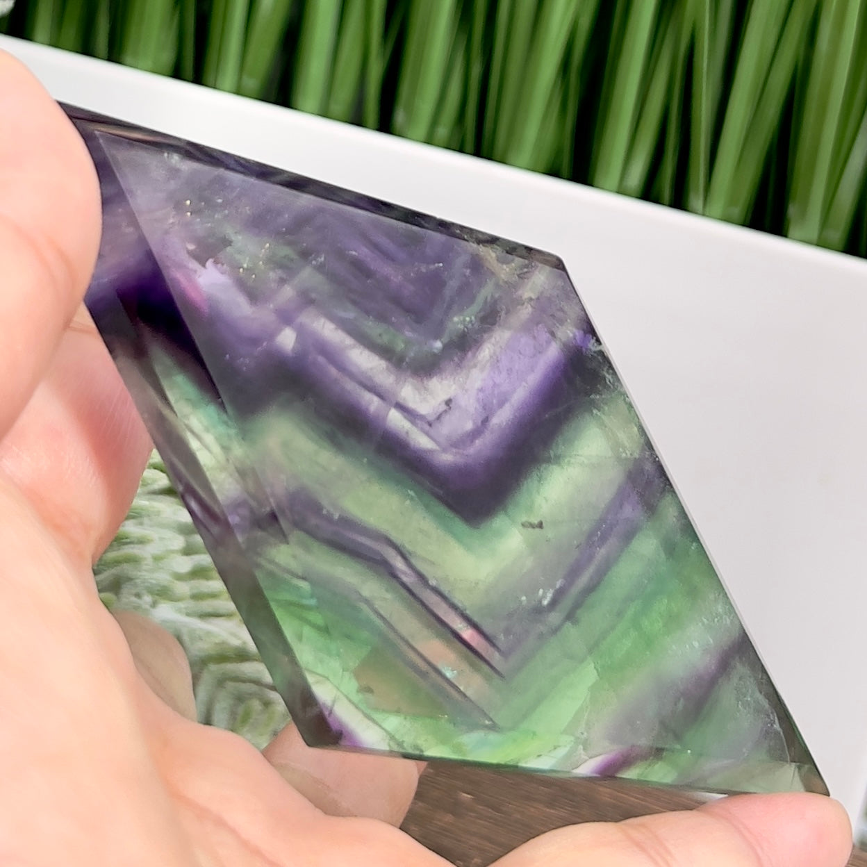 Rainbow Fluorite Diamond Rhombus on Stand Healing Crystal Home Decoration