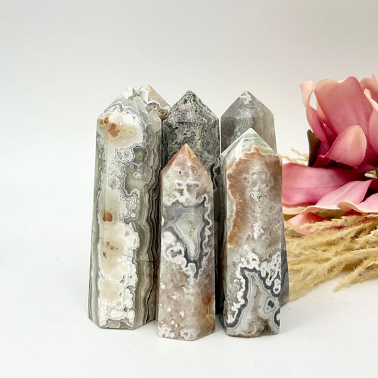 White Mexican Crazy Lace Agate Points Towers Crystal Generators YOU CHOOSE