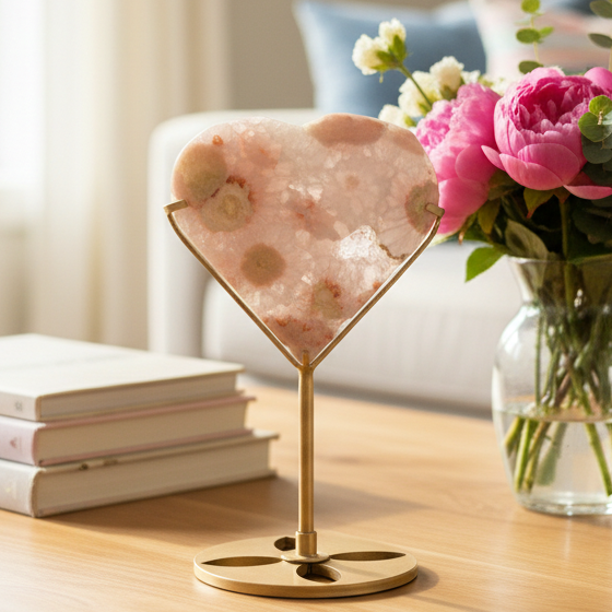 Pink Amethyst Flower Agate Quartz Heart with Stand Healing Crystal Carving 340g