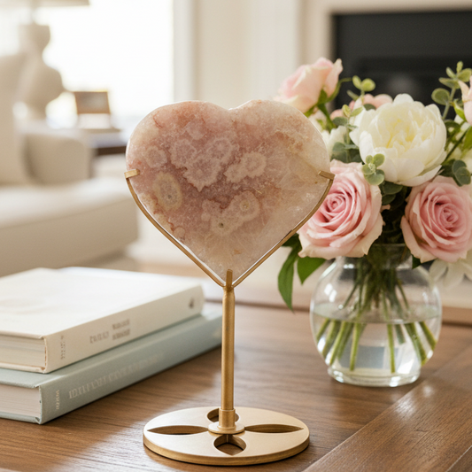 Pink Amethyst Flower Agate Quartz Heart with Stand Healing Crystal Carving 314g